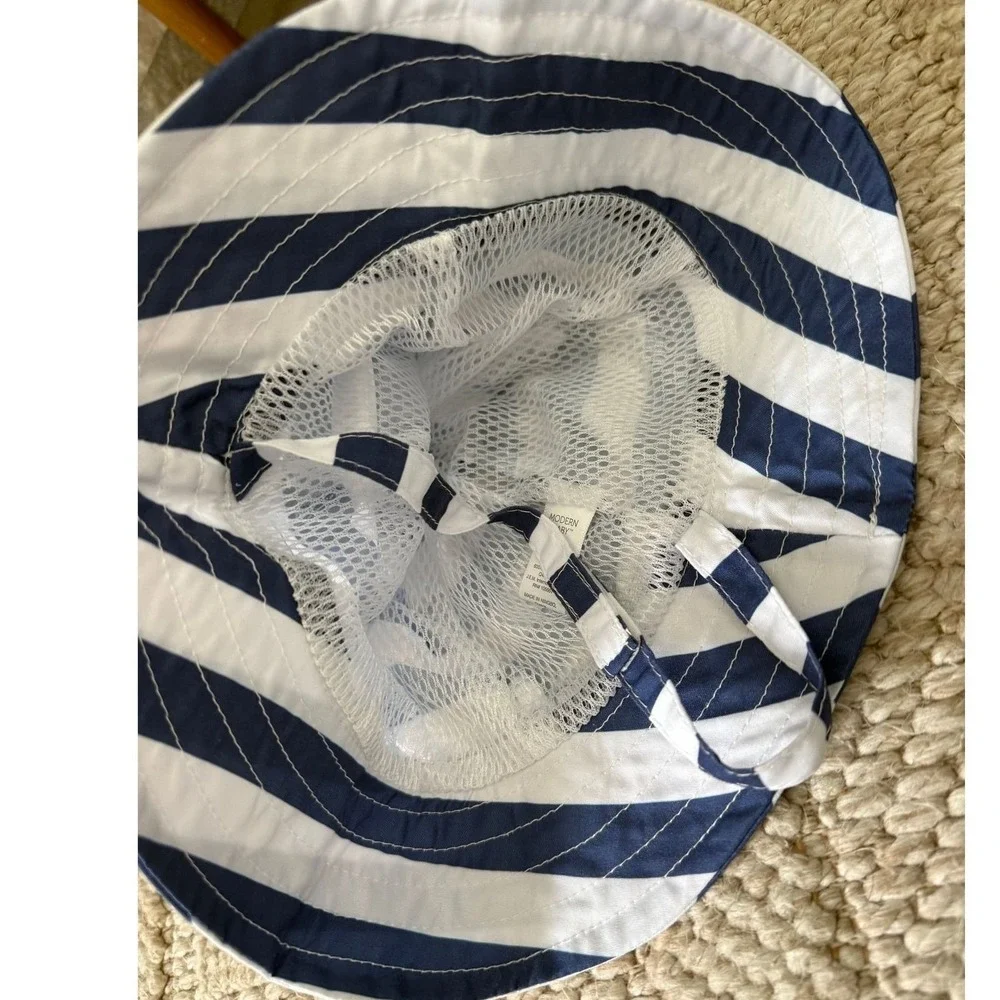Modern Baby UPF 50 Blue White‎ Striped Bucket Sun Hat with Chin Strap